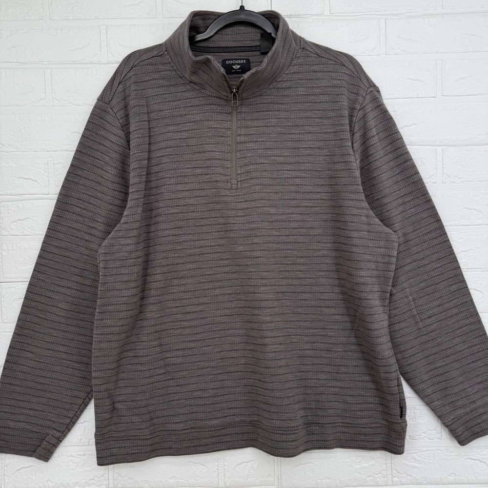 Dockers Quarter Zip Pullover Men XL Gray Textured Herringbone Sweater 1627